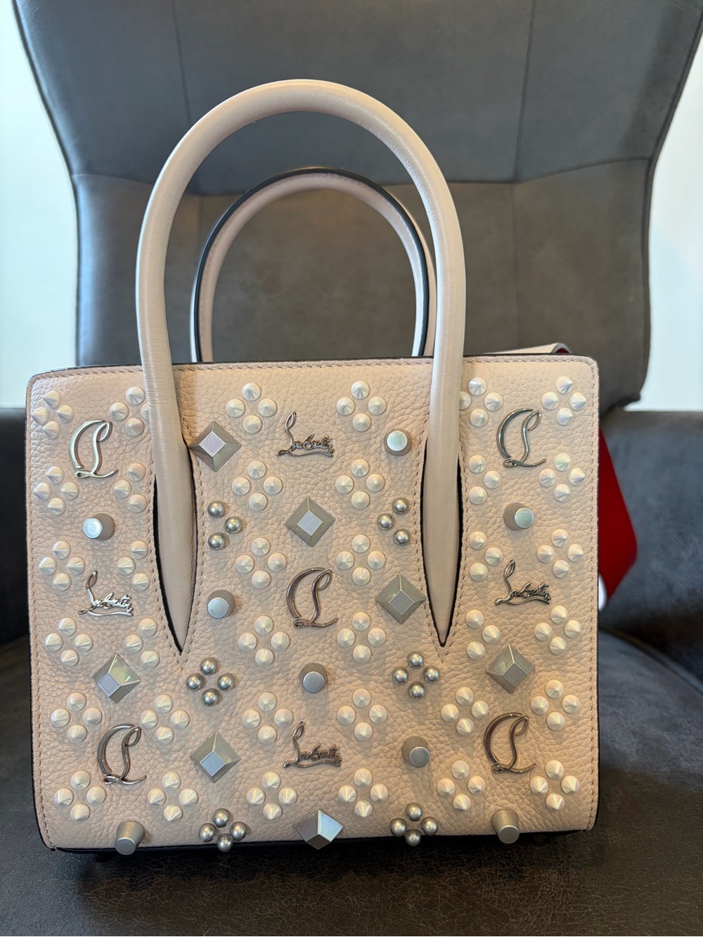 Christian Louboutin Nude Studded Leather Shoulder Tote